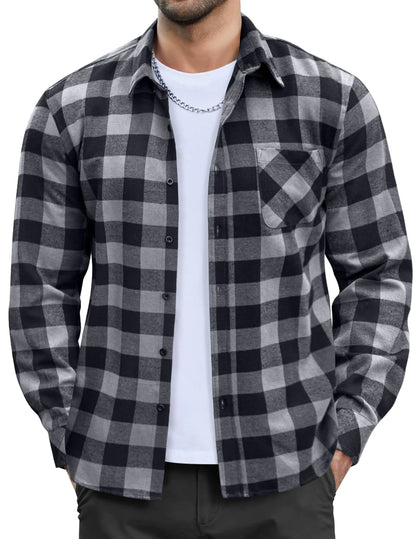 Mens Flannel Plaid Shirt Long Sleeve Button Down Shirt Cotton Casual Lightweight Shirt Jacket