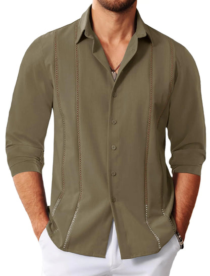 MAPICK Mens Guayabera Button Down Shirt Casual Long Sleeve Rayon Shirts Vacation Cuban Beach Clothes(Khaki3X-Large)